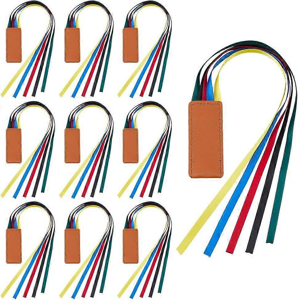 10PCS Ribbon Bookmarks Bible Bookmark Multicolor PU Leather Bookmarks with Brown Label Multi Page Ribbon Marker Page Markers with 5 Ribbons Book Mark 