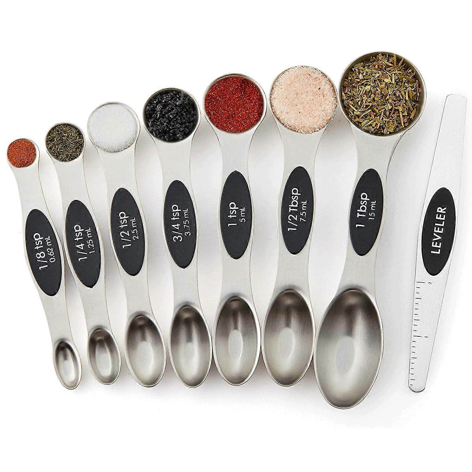 Magnetic Stainless Steel Measuring Spoons Set of 8 with Dual Sided Design and Leveler for Baking