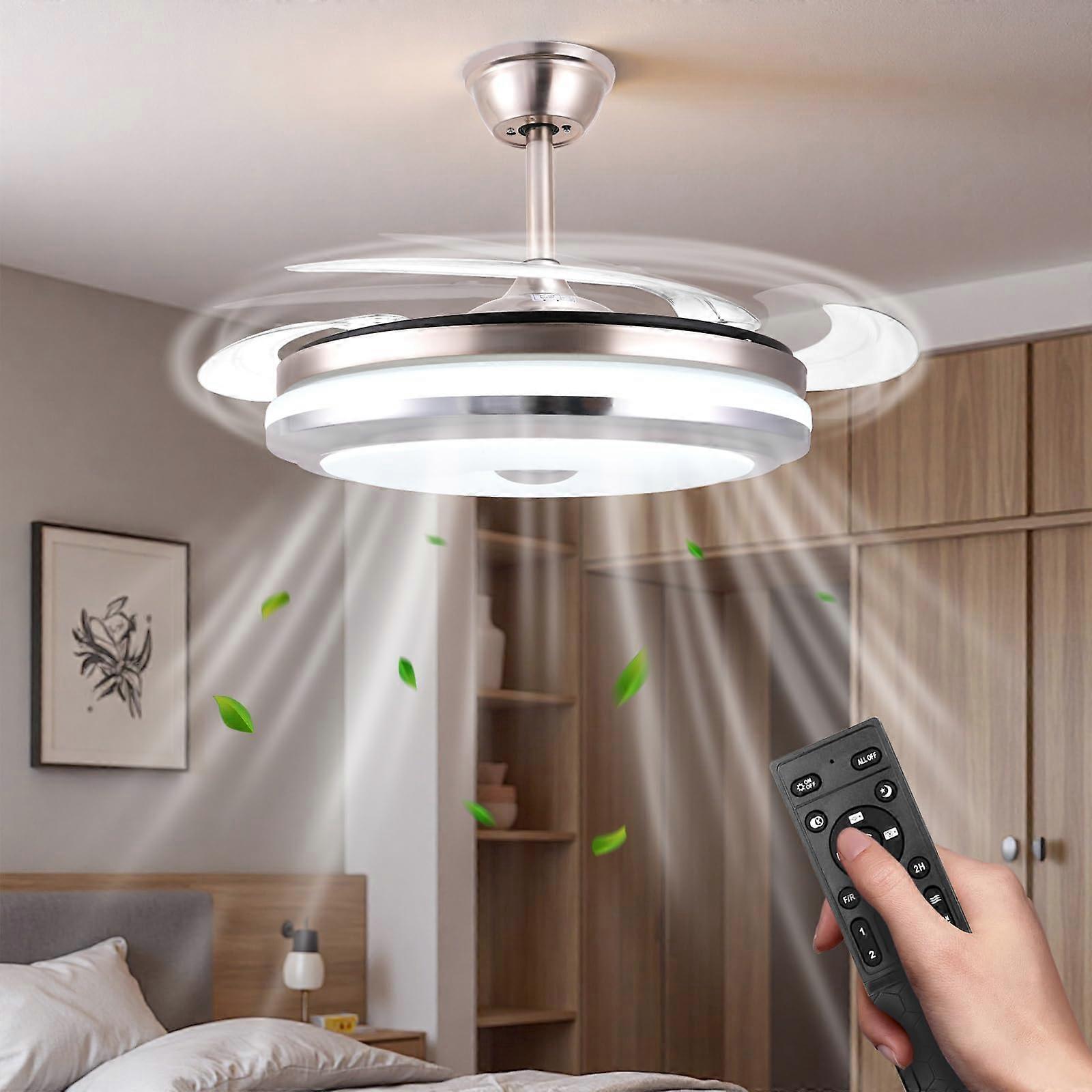 42 Inch Retractable Ceiling Fan with Lights, Dimmable LED, 6Speed Remote, Modern Silent for Bedroom