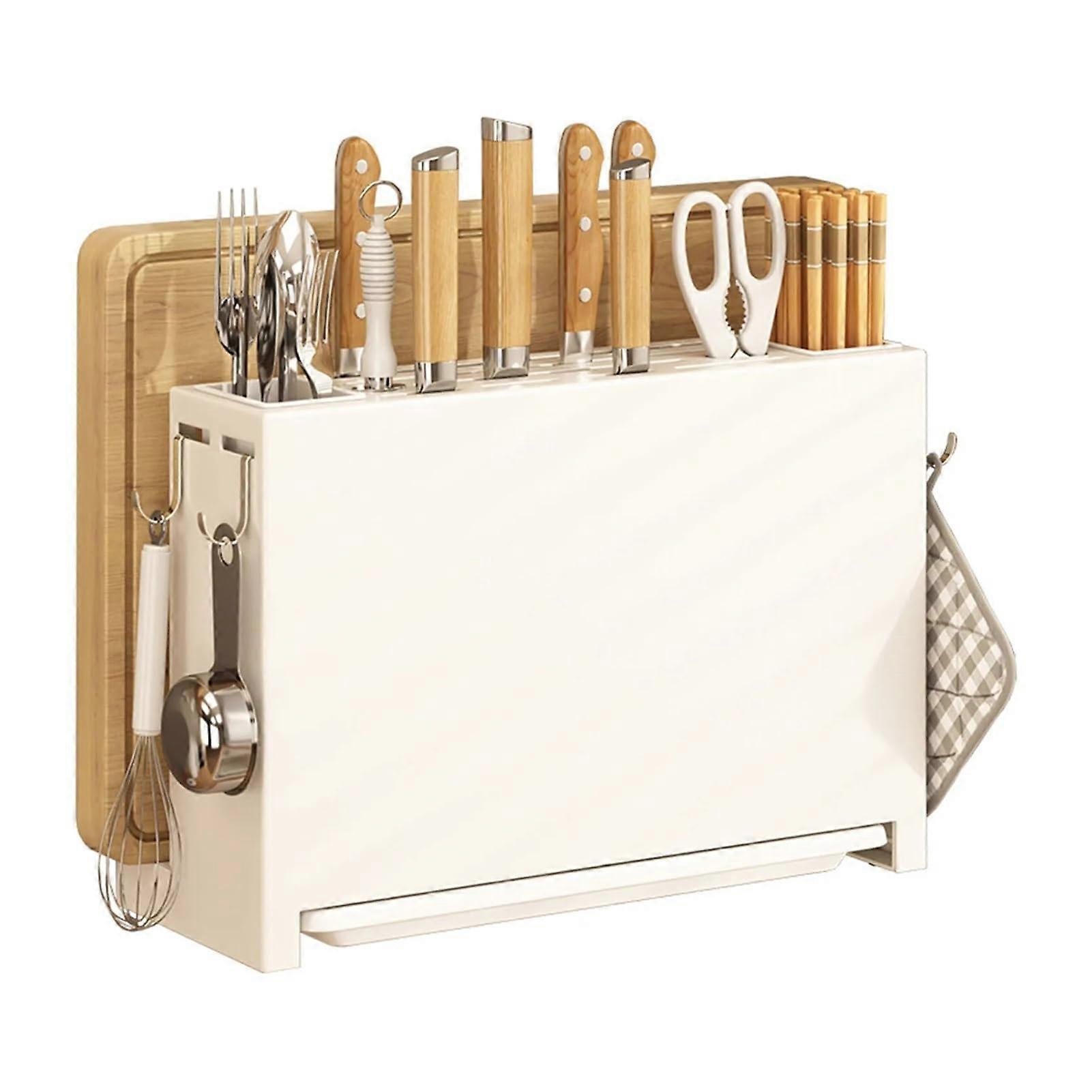 AllinOne Kitchen Utensil Organizer with Knife and Cutting Board Holder, White, SpaceSaving Design