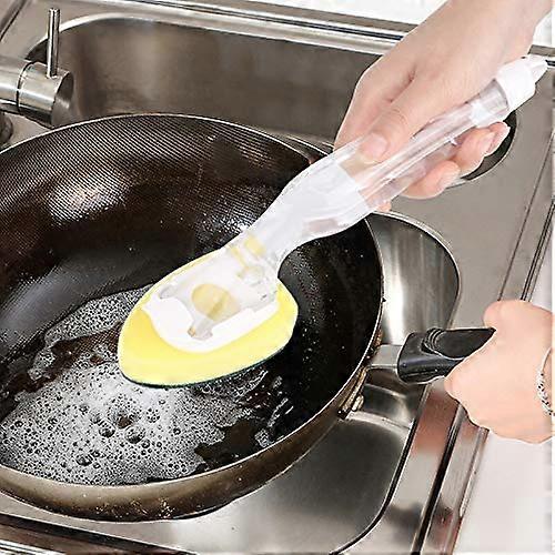 Dish Soap Dispensing Sponge Brush with Long Handle and Replaceable Head for Kitchen Cleaning