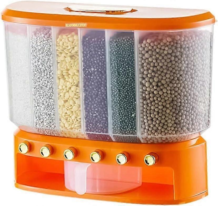Rice Dispenser with Touch Control, 6 Grid Wall Mounted Kitchen Storage, Large Capacity Orange