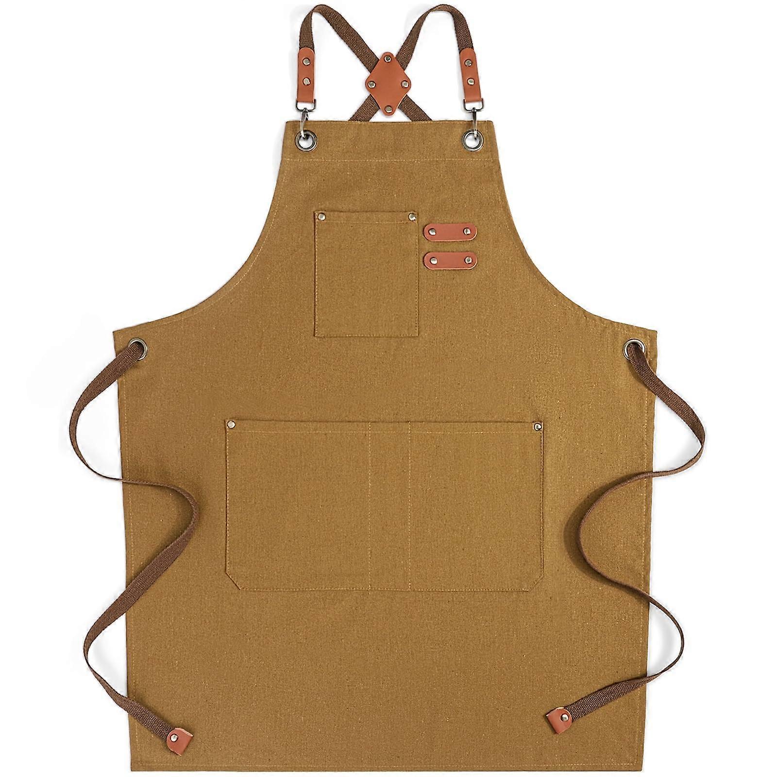 Chef Apron Waterproof Canvas with Adjustable CrossBack Straps and Pockets for Cooking BBQ Brown