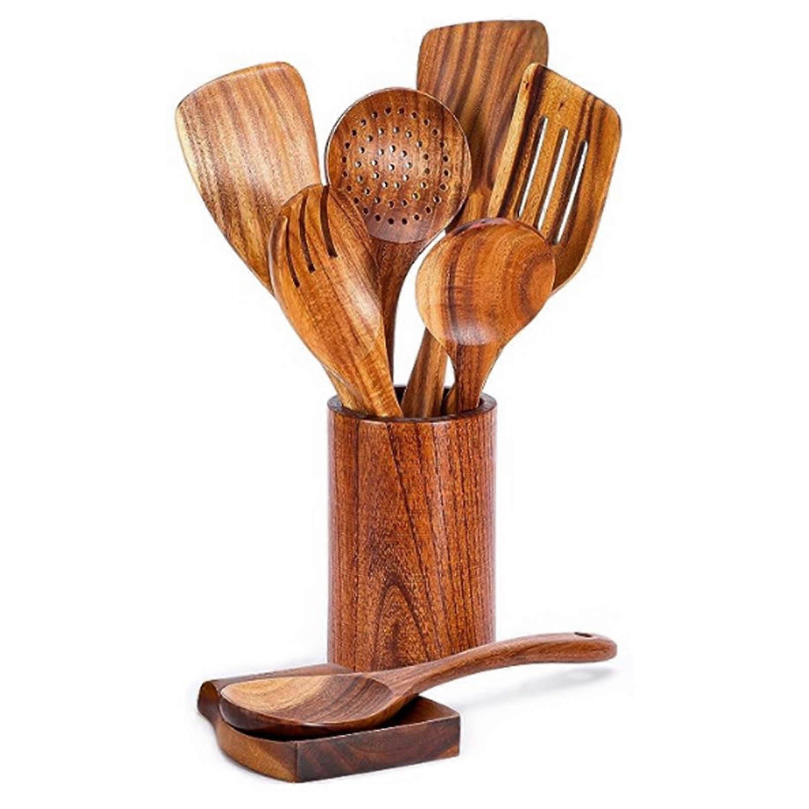 9 Piece Wooden Cooking Utensils Set, Durable MultiSize Kitchen Tools for Cooking and Serving