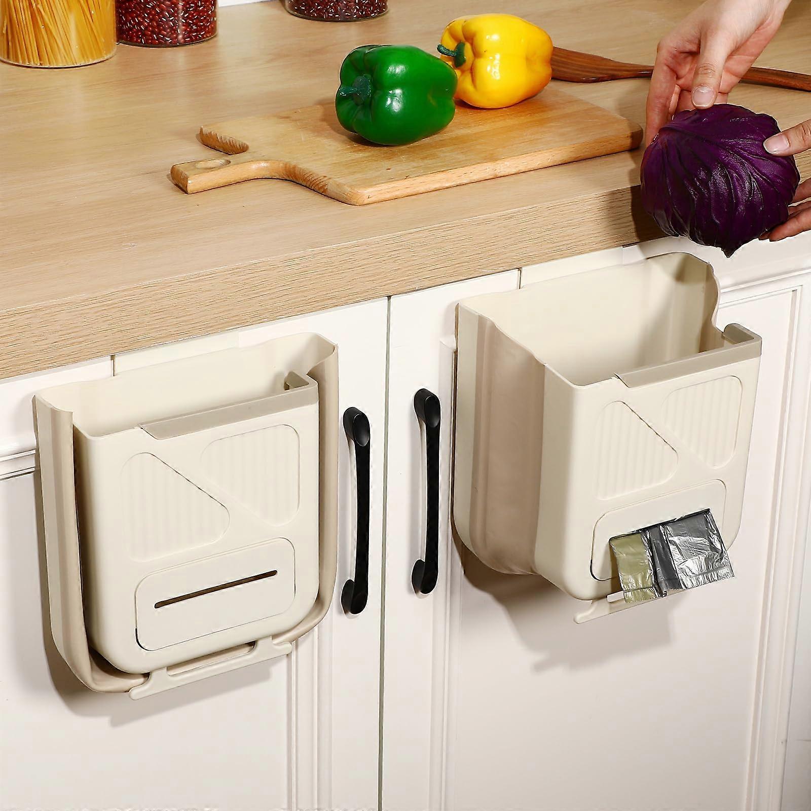 4 Pcs Foldable Hanging Trash Can for Kitchen Cabinet Door 1.5 Gallon Space Saving Compost Bin White