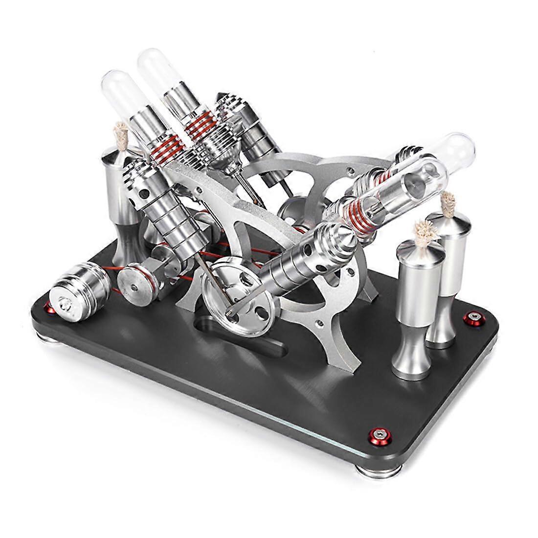 AllMetal V4 Stirling Engine Model Kit with Generator and Alcohol Burners for Physics Experiments