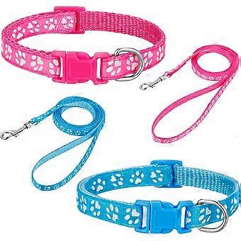 2 Packs Dog Collar and Leash Set, Puppy Collar and Lead Set Quick Release Buckle Adjustable Paw Print Puppy Collar Soft Nylon Pet Collar for Puppy