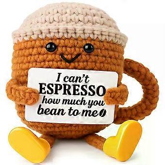 Handmade Crochet Coffee Cup Plush Toy, Cute Espresso Stuffed Animal with Positive Quote Card for Gifting