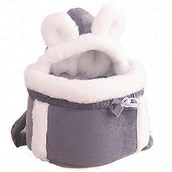 Grey pet carrier backpack with front access, designed for small pets, includes soft padding and insulated side pockets.