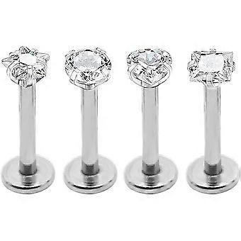 KATEA 4 pcs Acier Chirurgical Zircon Cubique Amour/Étoile/Carré/Rond Forme Labret Anneaux De Lèvre Oreille Earlet Tragus Cartilage Helix Boucles d’oreilles (Clair)