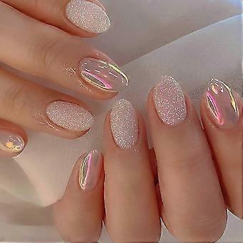 24 Pcs Almond Shape Press On Nails with Glue Stickers, Glitter Chrome Fake Nails Kit for Women