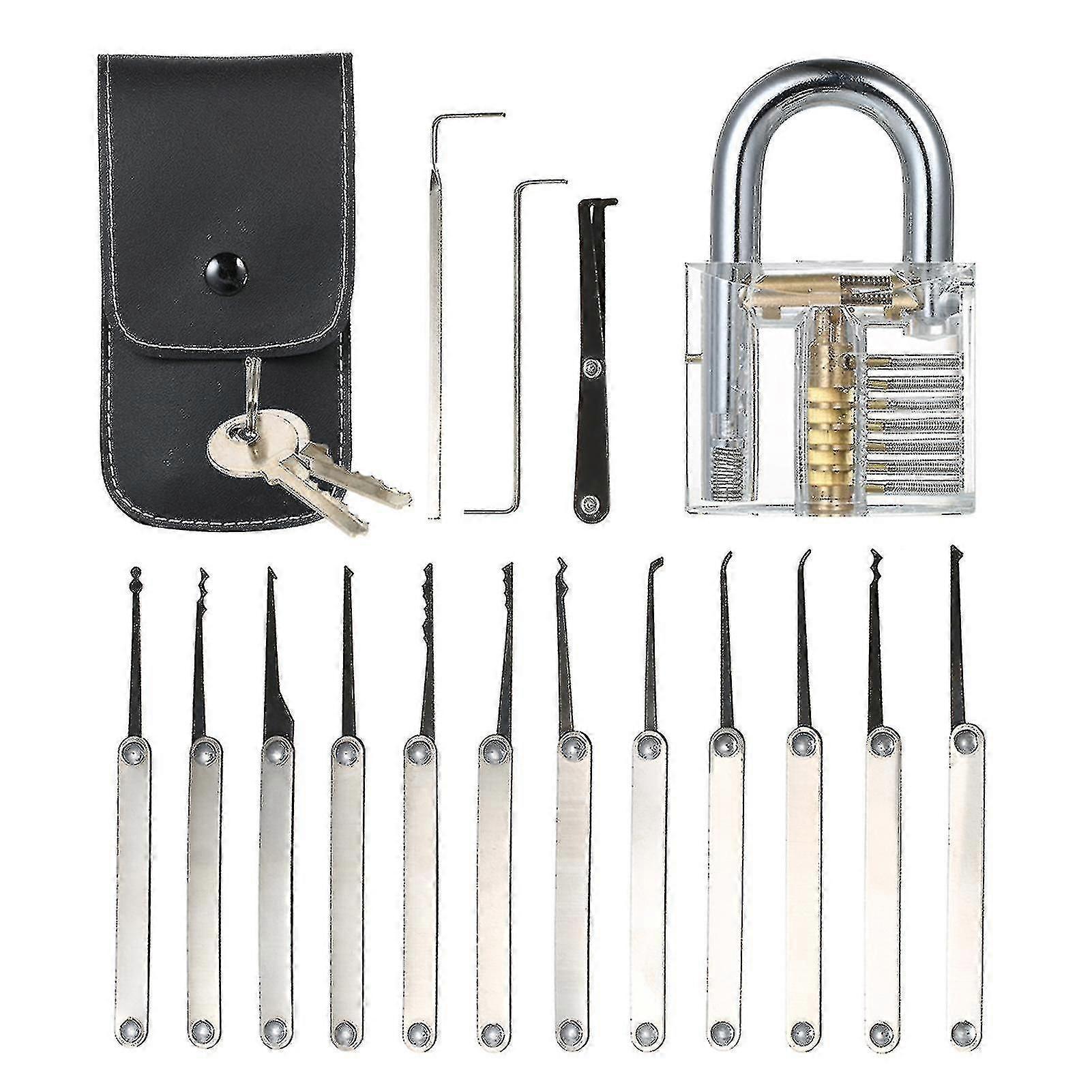 Transparent 15pcs Lock Picking Set Kit Tool With Transparent Practice Training Padlock lock compatible with Locksmith Beginners