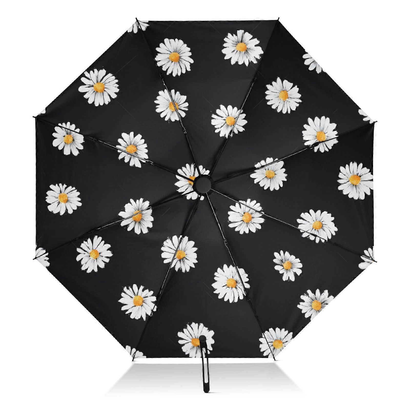 Travel Umbrella Automatic Open Close Windproof Compact Design UV Protection White Daisy Pattern