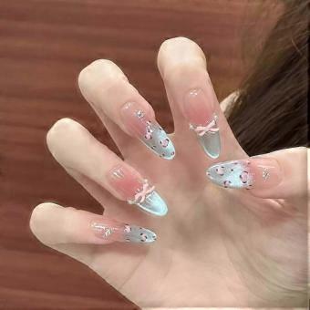 Handcrafted Blue Cat Eye Almond Nails