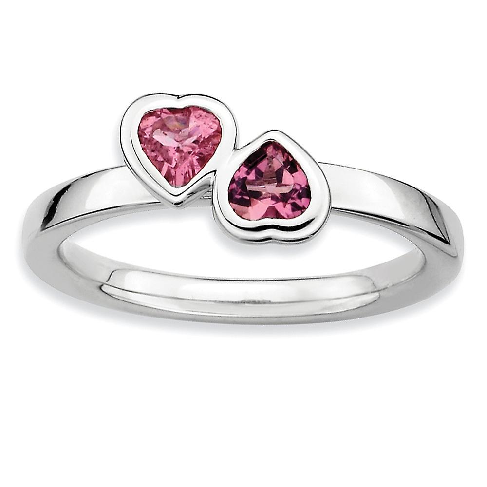 925 Sterling Silver Bezel Polished Stackable Pink Tourm. Double Love Heart Ring Stackable Ring for Women - Ring Size: 5
