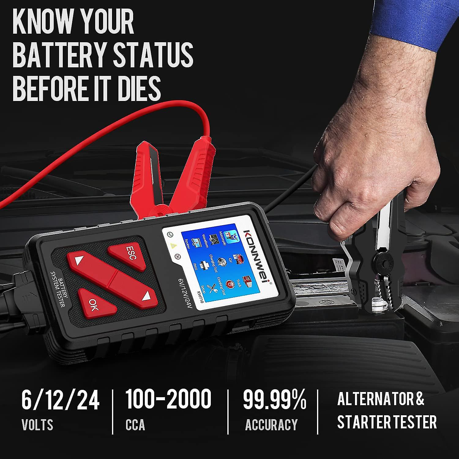 Kw710 Car Battery Tester 6-12-24v, Battery Load Tester Automotive 100-2000cca Digital Battery Analyzer Alternator Starter Tester