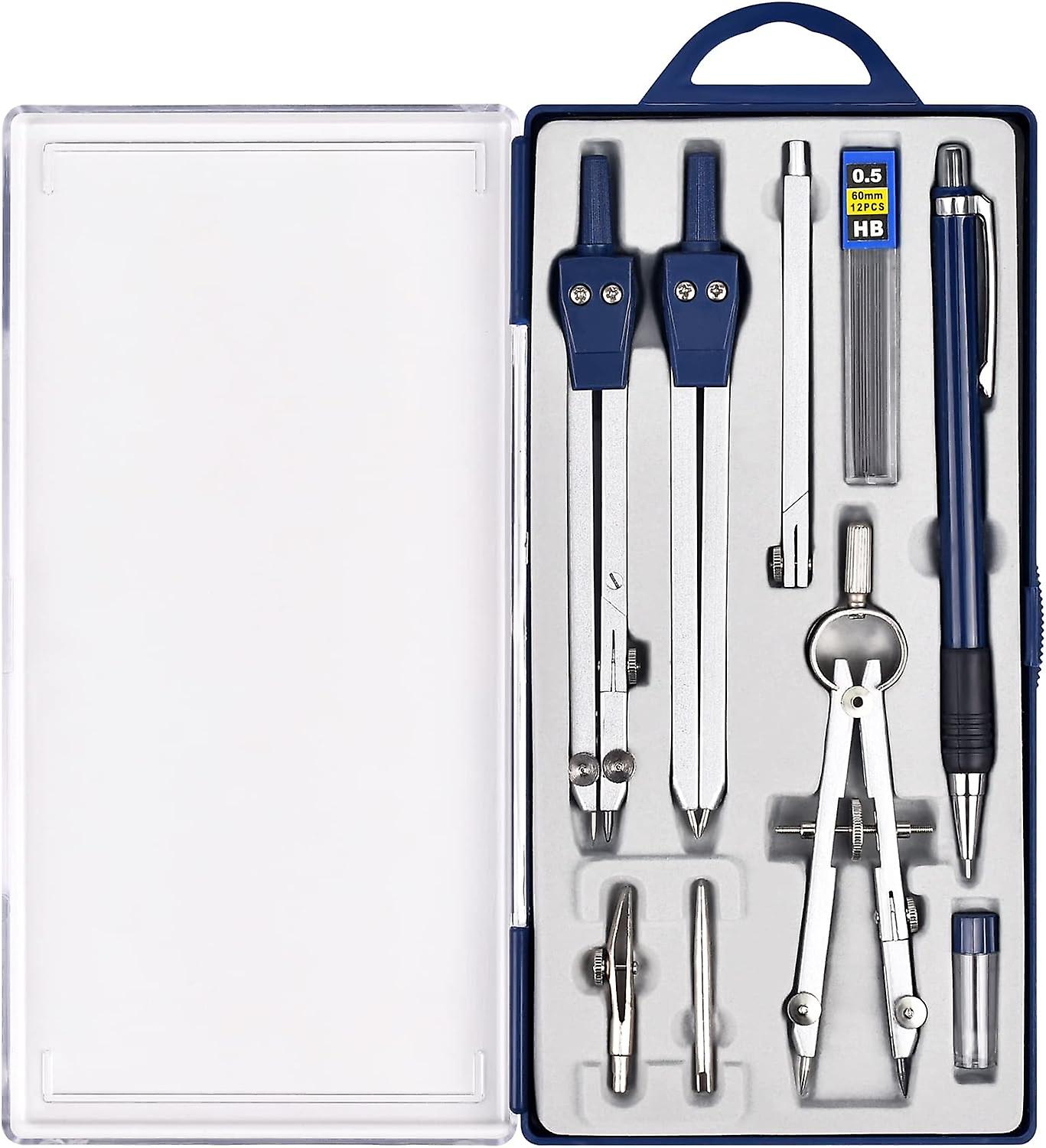 9Pcs Precision Geometry Set Metal Compass, Geometry Tool Tool Set with Shatterproof Storage Box(Blue)