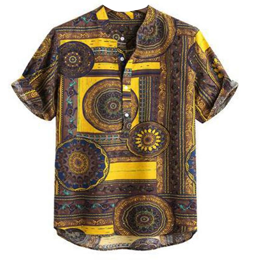 Fianao Summer Men Color Block Ethnic Geometry Print Short Sleeve Buttons Pullover Shirt