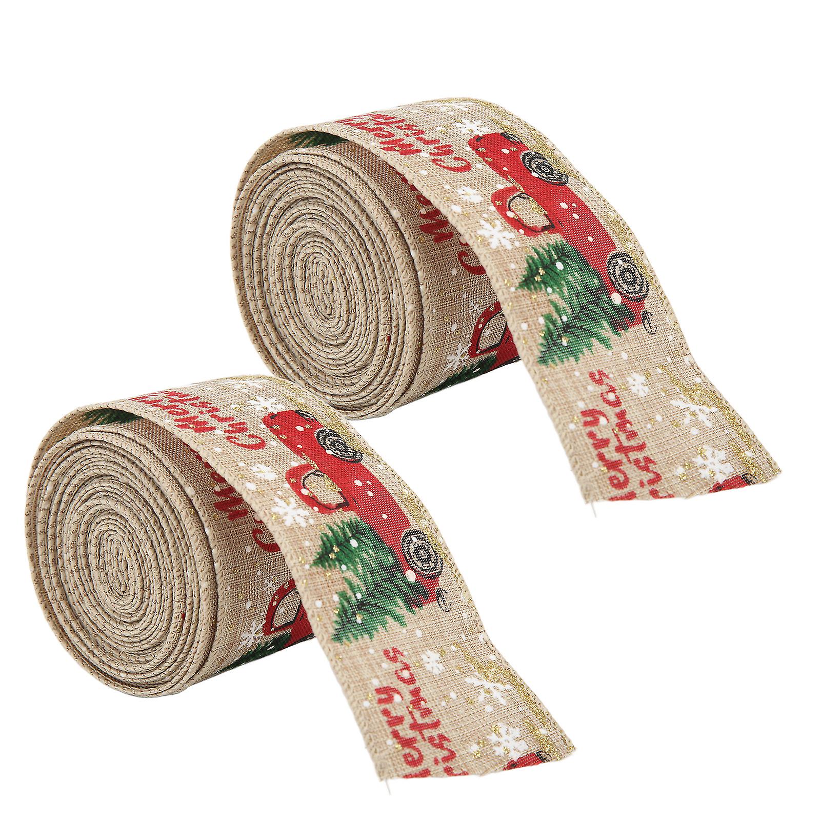 2Pcs Christmas Ribbons 5 Meters Retro Truck Pattern Imitation Linen