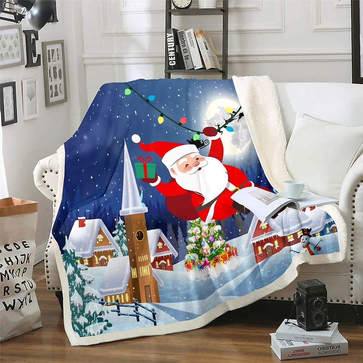 Christmas Plush Blanket Santa Claus Printed Fleece Throw Blanket
