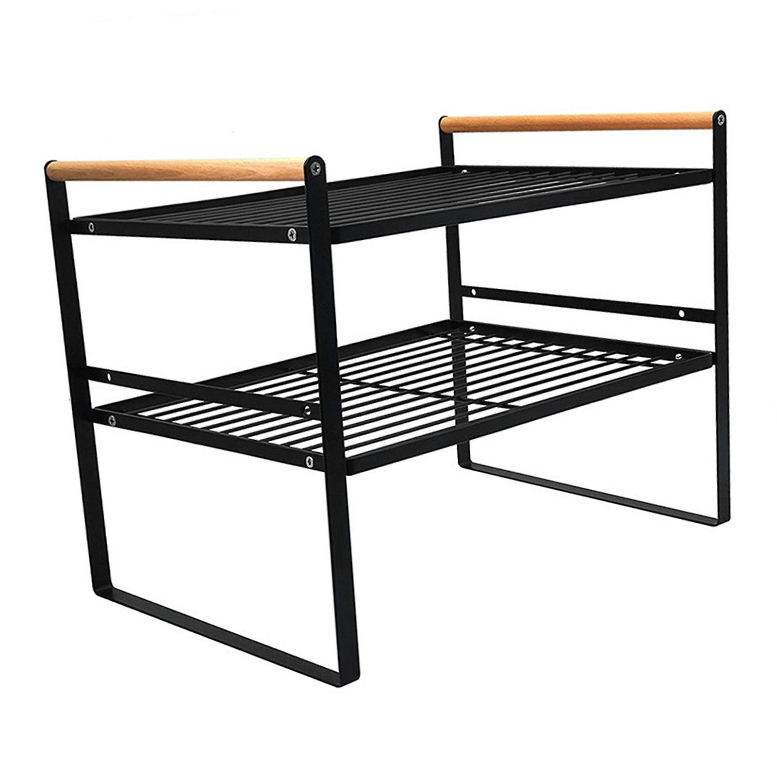 Double Layer Kitchen Storage Rack 2 Tier Non Slip Multifunctional Kitchen Organizer Shelf Black 