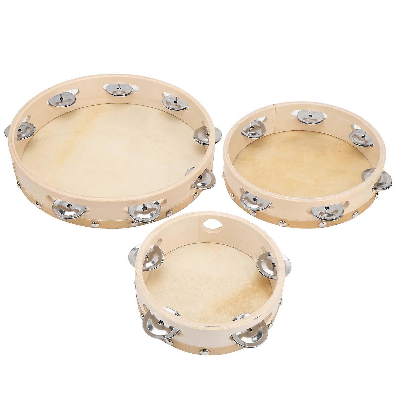 3pcs Tambourine Wooden Handbell Clap Drum Single Row Jingle Percussion Instrument Set