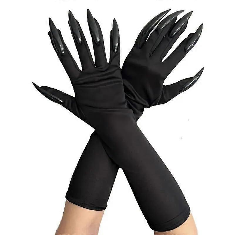 Femmes Long Nail Claw Gloves Paw Gloves Ghost Witch Devil Claw Gant avec Ongles Longs Noir Manche