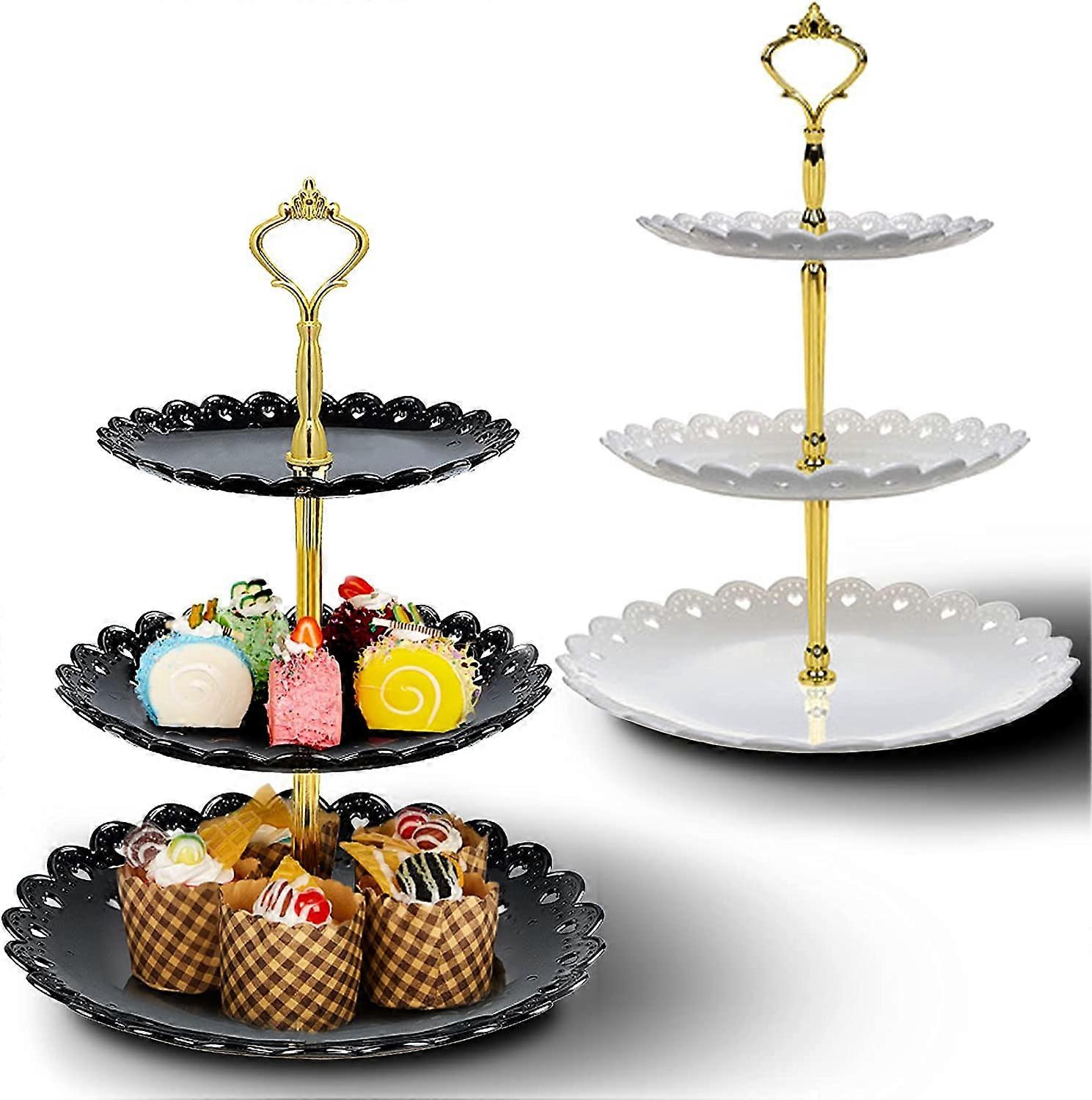 Trelags kakesnacksbrett Matstativ (svart + hvit) 2 stk