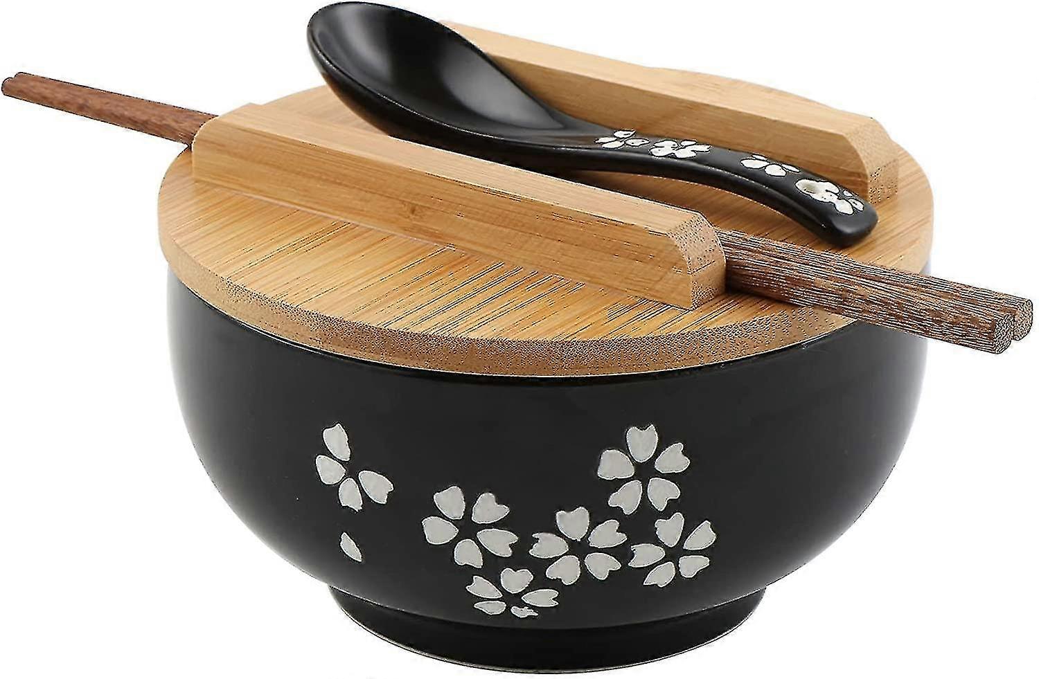 Ramen Bowl Set, Japanese Ramen Noodle Bowls With Lid Spoon, Large Ceramic Soup Bowl, Black Hand Drawn Rice Bowl Retro Tableware Noodle Bowl 6.5 Inch-p