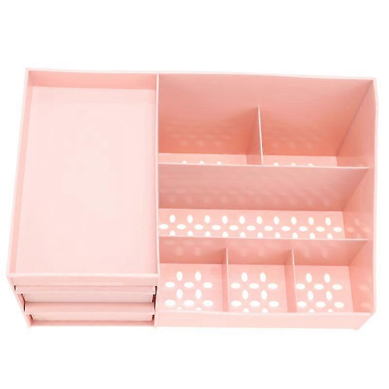 1pc desktop plastic makeup tool storage box portable multifunctional cosmetic storage box with drawer(pink)