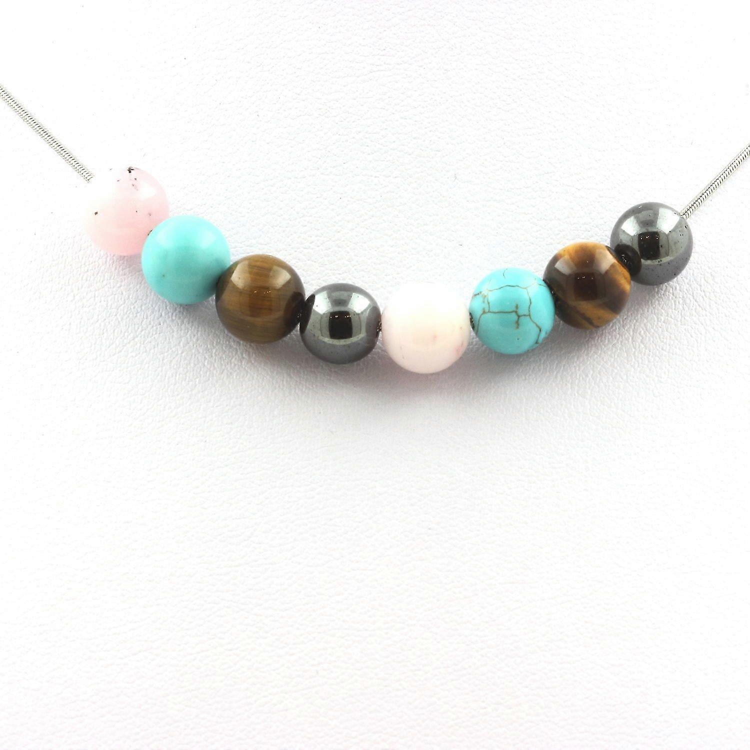 Hematite + Turquoise + Tiger Eye + Pink Opal beaded necklace 8 mm