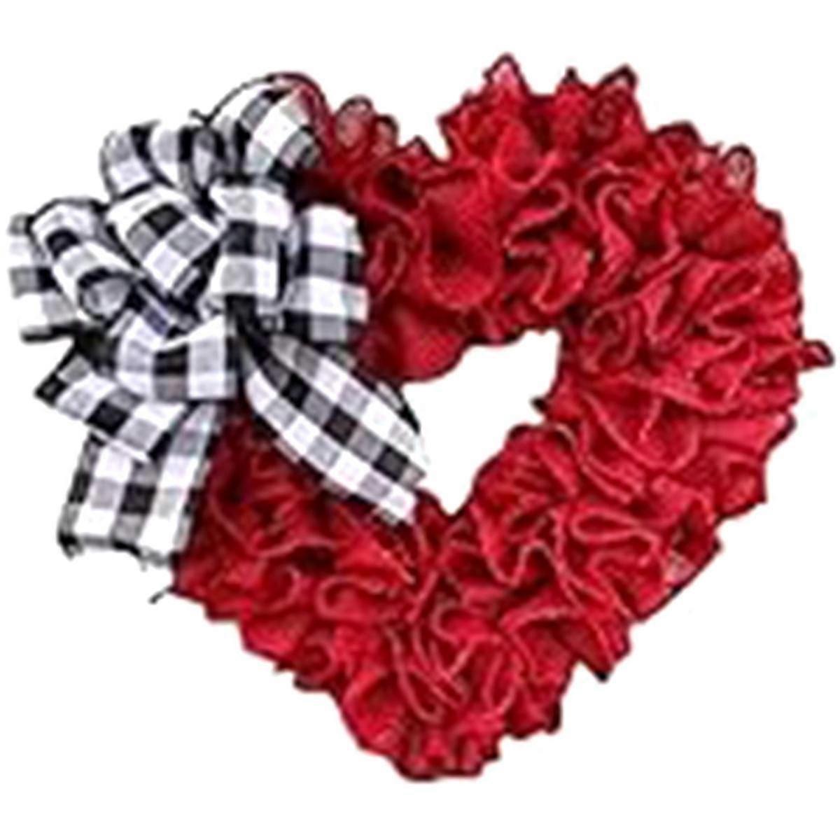 Valentine Day Heart Wreath Red Love Heart Shaped Door Wreath with Checkered Bow Romantic Fabric Wel