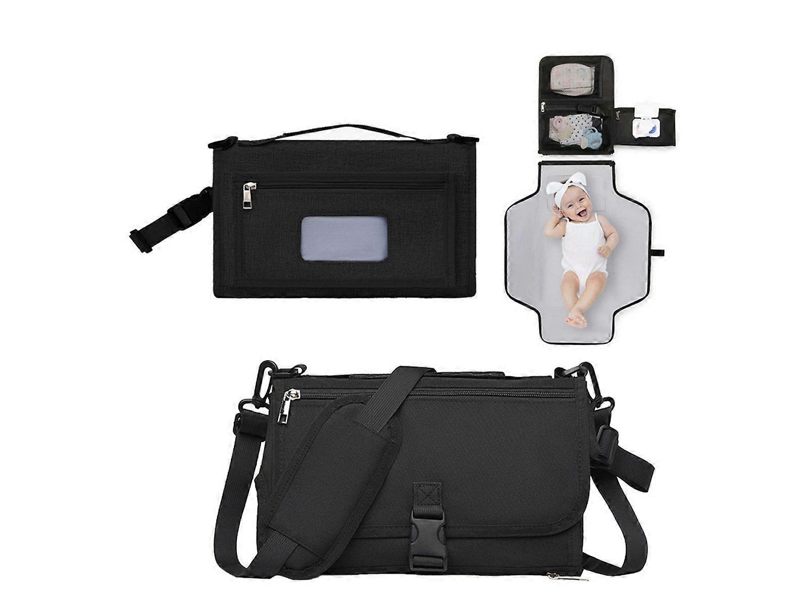 Foldable Water-resistant Diaper Changing Pad Bag with Shoulder Strap - Black