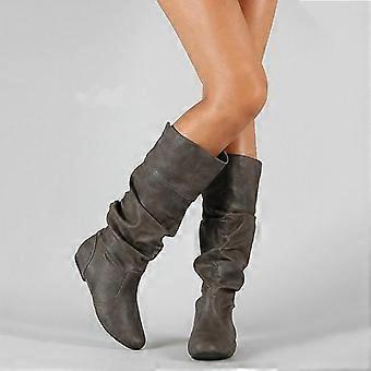 Women Faux Leather Flat Mid Calf Slouch Boots Wide Leg Shoes
