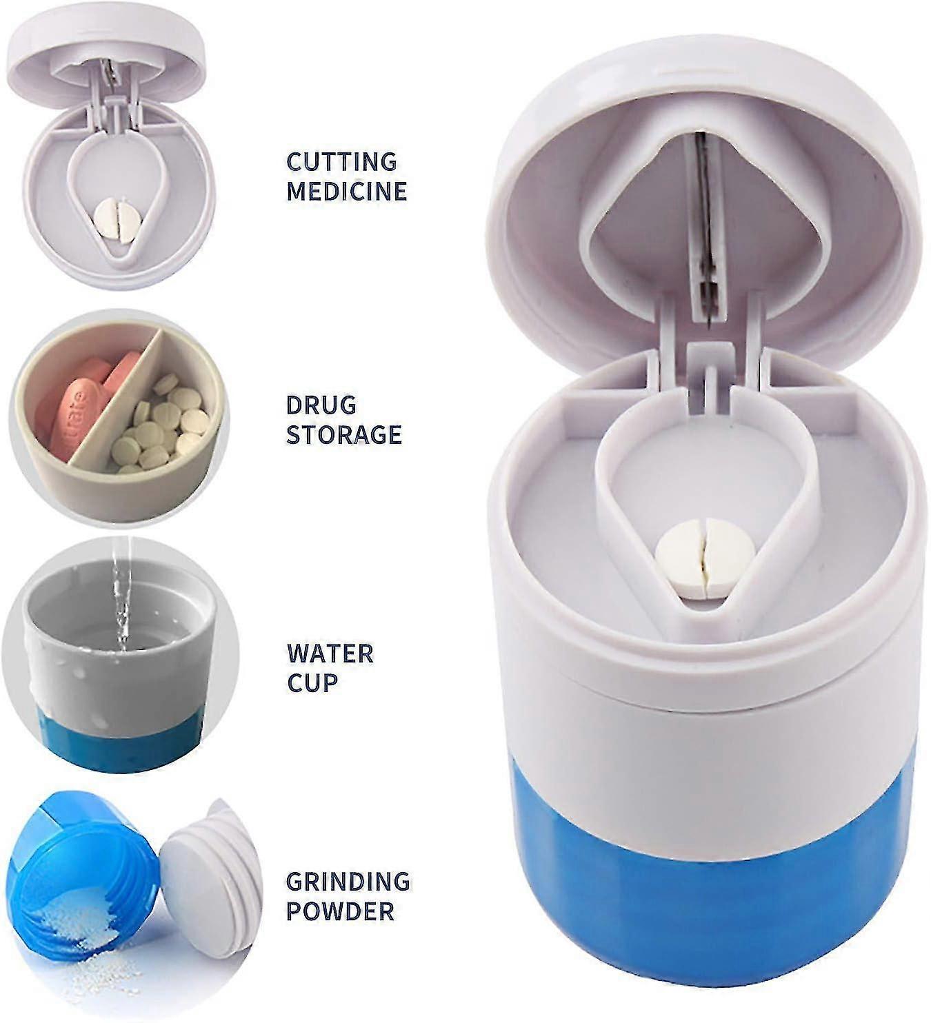 Pill Cutter, 4 In 1 Pill Splitter With Drinking Cup & Storage Compartment, Multi-function Pill Cutter Box Tablets Crusher For Small Large Pills