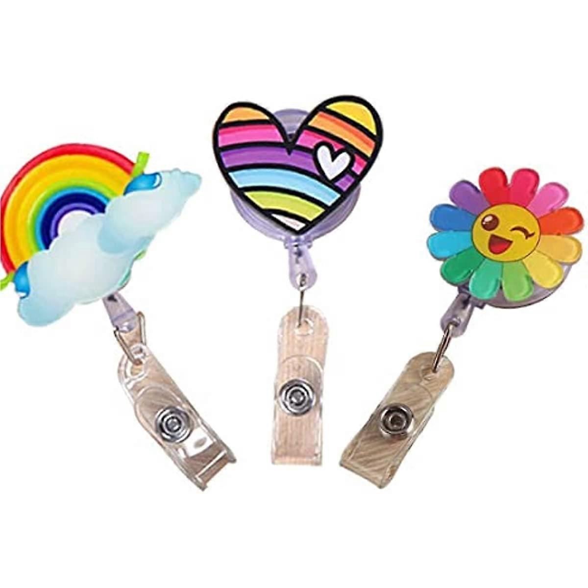 3pcs Rainbow Pattern Retractable Keychains Key Holder Badge Reel Clips for Id Name Card Pull Key Holder