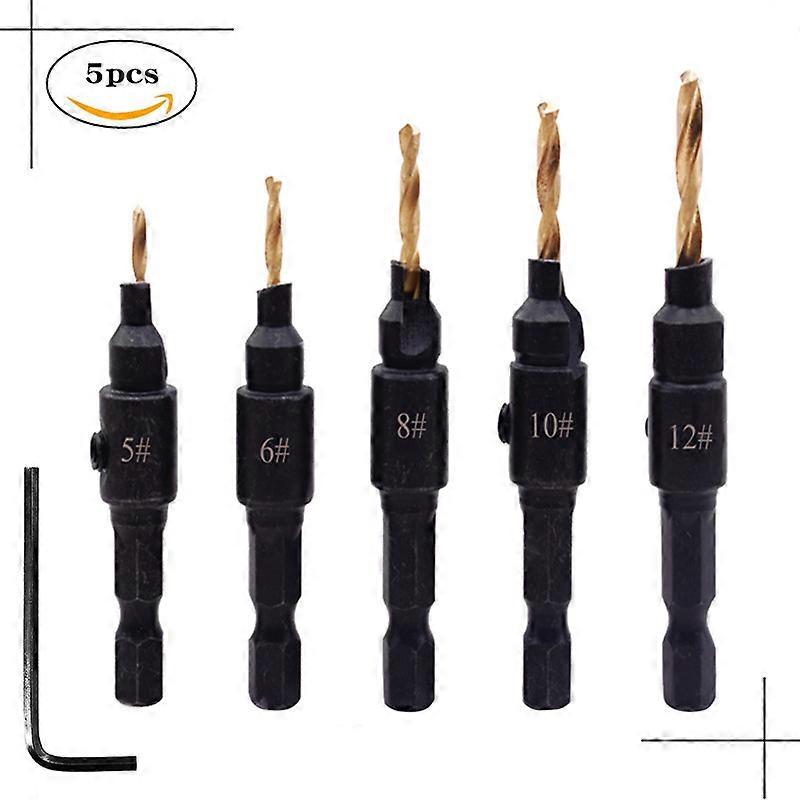5 Piece Countersink Drill Bit Set, Woodworking Drill Bits, Black & Gold