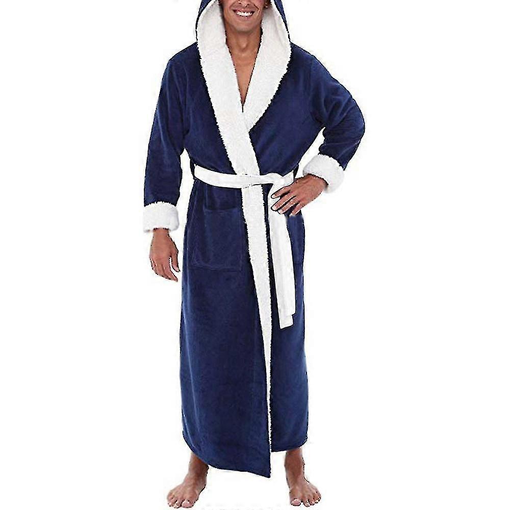 Men Long Hooded Bathrobe Soft Nightgown Robe Dressing Gown
