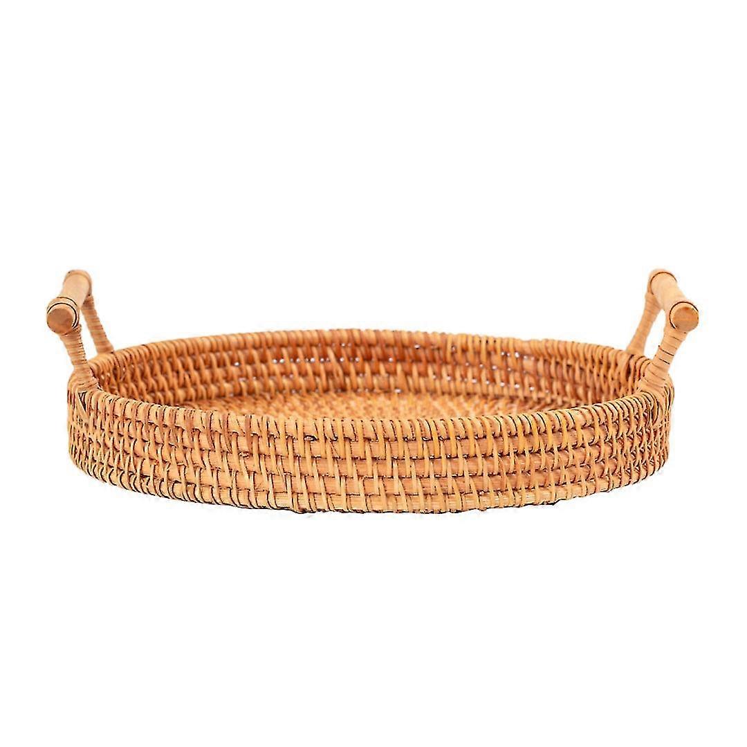 22cm Diameter Hand Woven Round Rattan Serving Tray with Handles - Ideal for Bread, Fruit, Desserts, and Snacks