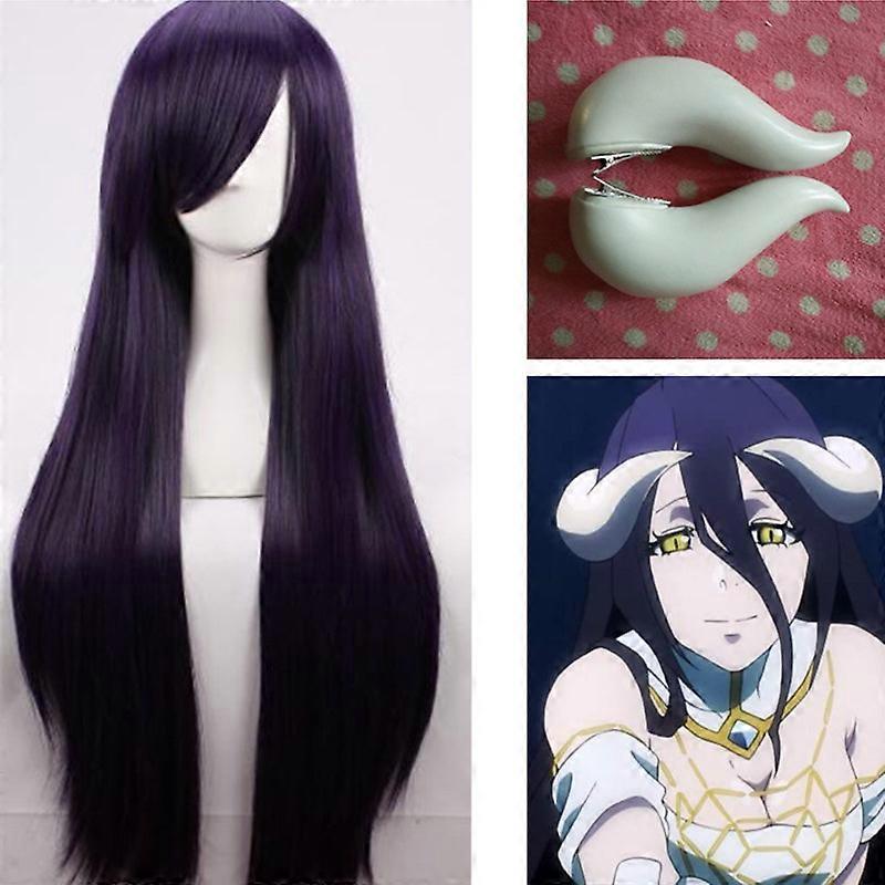 Overlord Albedo Cosplay Prop White OX Horns with Clamp for Women Hair Girl Purple Straight Hairpiece Adult Cosplay Wig