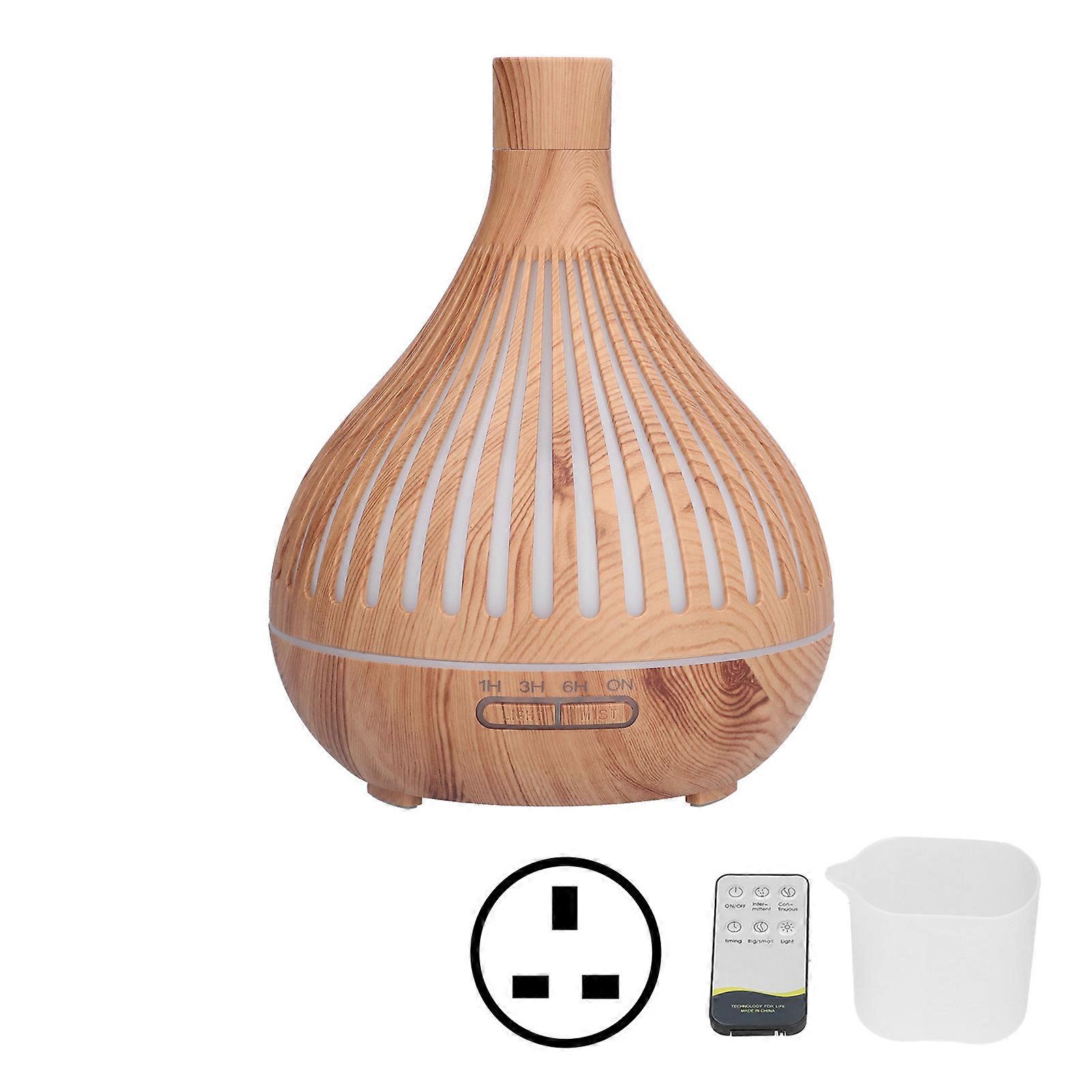 Humidificateur à grain de bois 400 ml, diffuseur d'aromathérapie à lampe LED électrique creuse colorée avec télécommande, prise britannique