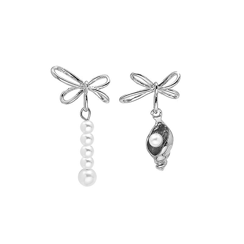Silver Needle Asymmetrical Conch Pearl Design Creative Long Bow Earrings