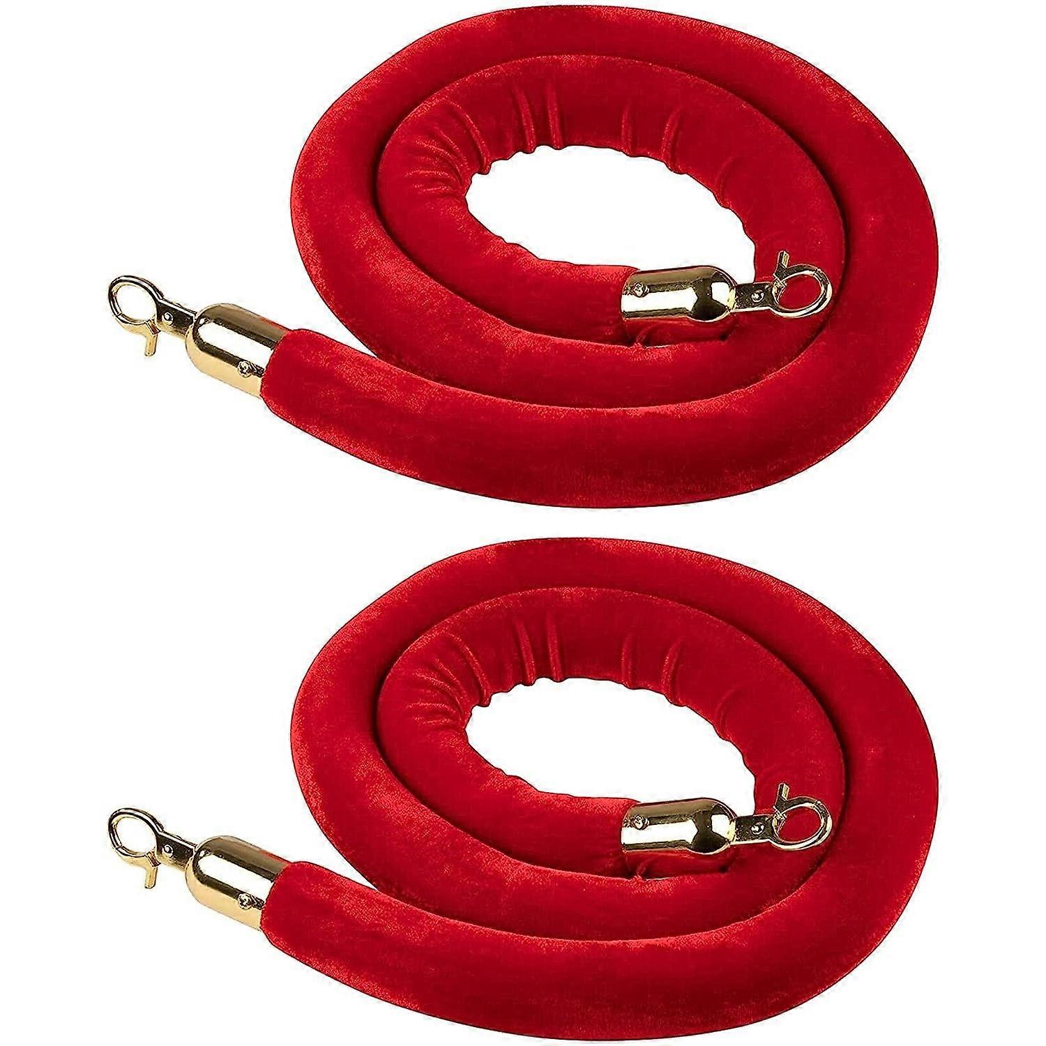 2 Red Velvet Strut Ropes, 5ft Crowd Control Barricade with Polished Gold Hooks