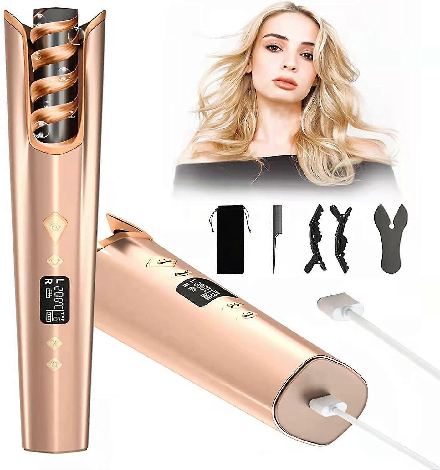 Brown Yubaoly Hair Curlers for Long Hair - Cordless Automatic Hair Curler, Curling Wand with LCD Display, Adjustable Temperature Timer Hair Waver, USB