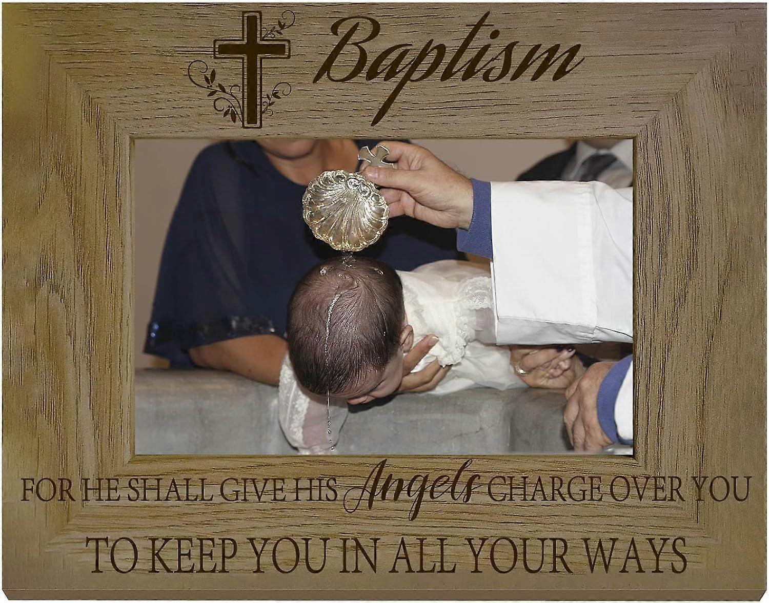 Baptism Picture Frame Wood Photo Frame Holds Display Pictures 4x6 Wall Mounting Printing Poster Christening Cross Brown Frame Stand for Presents Wall