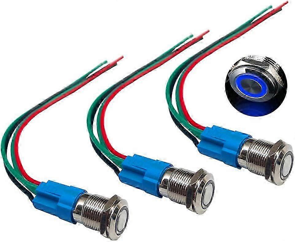 3pcs Premium 12v/24v 3a Momentary Push Button Switch, 12mm Push Button Switch, Blue Led Ip66 Waterproof Switch With Power Outlet Wire