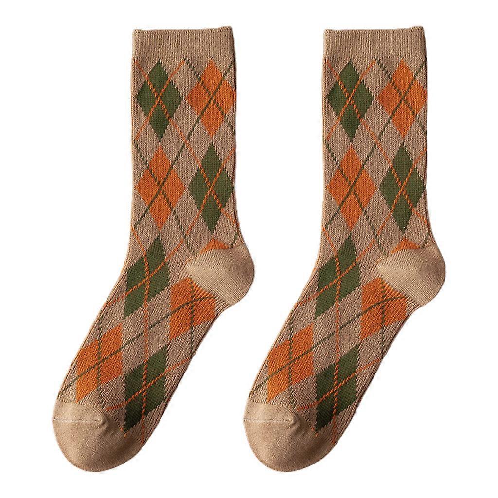 Femmes ethnique Argyle Plaid Imprimé Crew Chaussettes Vintage Collège Preppy Style Bonneterie Kaki