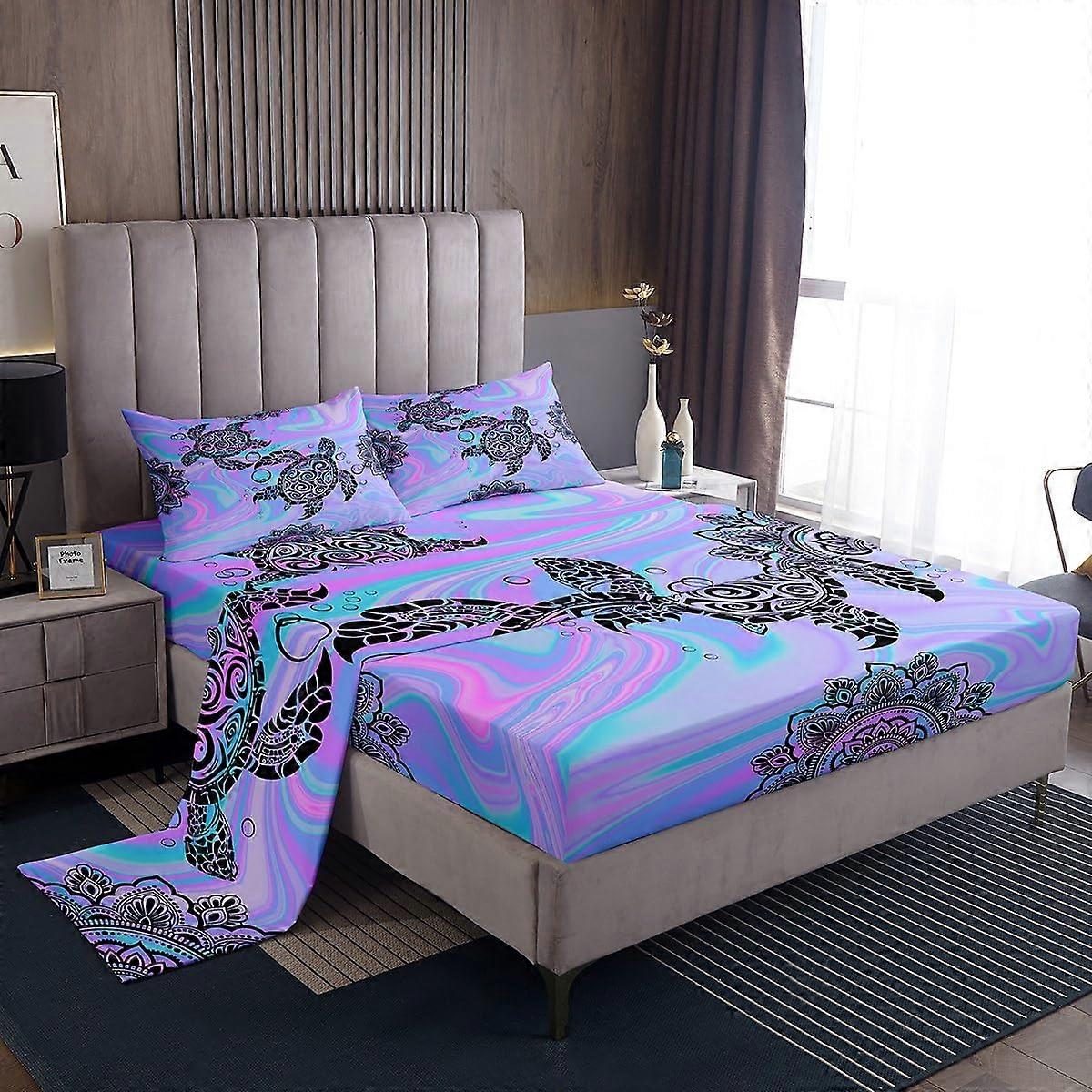 4pcs Bed Sheet Set Tie Dye Sea Turtle Mandala Flowers Tortoise Animal Purple Blue Marble Polyester for Bedroom FULL Size W54L75H16'