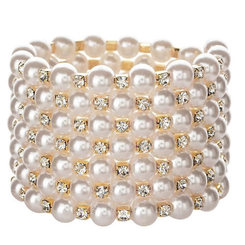 Multi-Sequential Pearl Bracelets Layered Rhinestone Hand Chain, Elastic Stretch Gold Tone 7-Row Bracelets For Women
