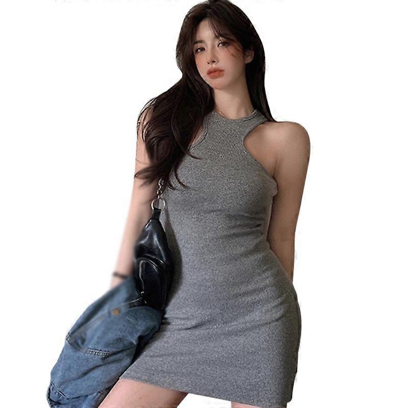 Women's Solid O-Neck Slim Casual Sleeveless Tank Dresses